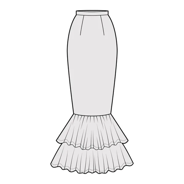 Спідниця русалка рибальський хвіст максі технічна мода ілюстрація з силуетом довжини підлогового щиколотки, повнота олівця знизу — стоковий вектор