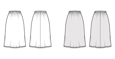 Etek kaydırma dirseği, diz altı silueti, A çizgisi dolgunluğu, istiridyeli alt kenarı olan teknik moda illüstrasyonu