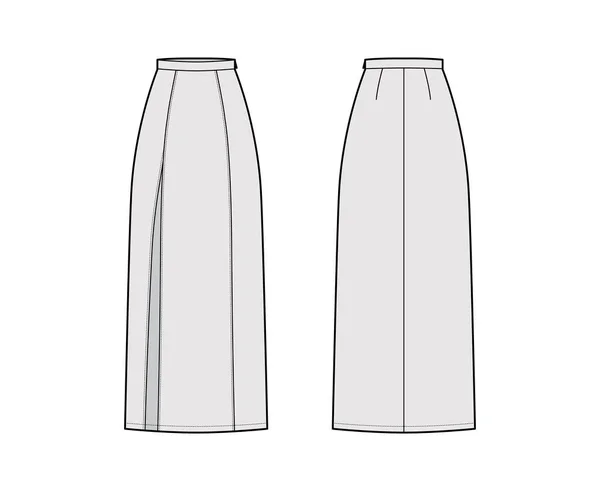 Sukně štěrbina maxi technické módní ilustrace s podlahou kotník délky siluety, tužka plnost Flat bottom šablony — Stockový vektor