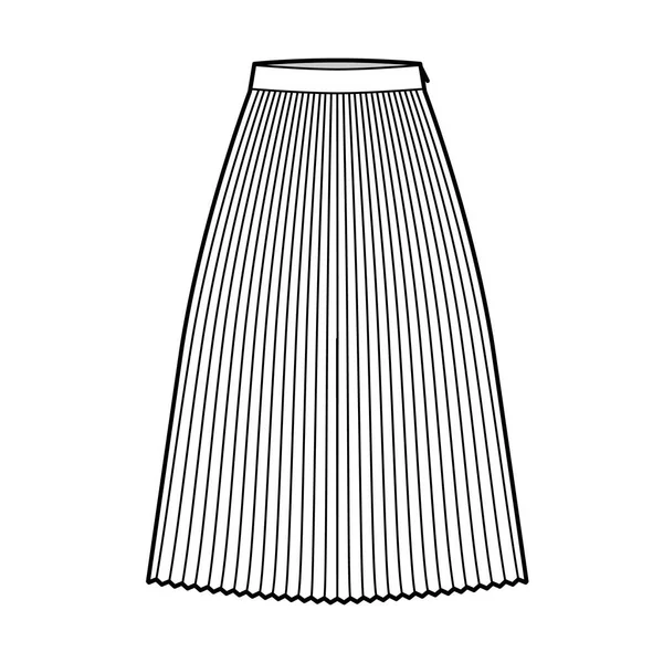Skirt sunray pleat technical fashion illustration with below-the-knee midi length silhouette, circular fullness bottom — Stock Vector