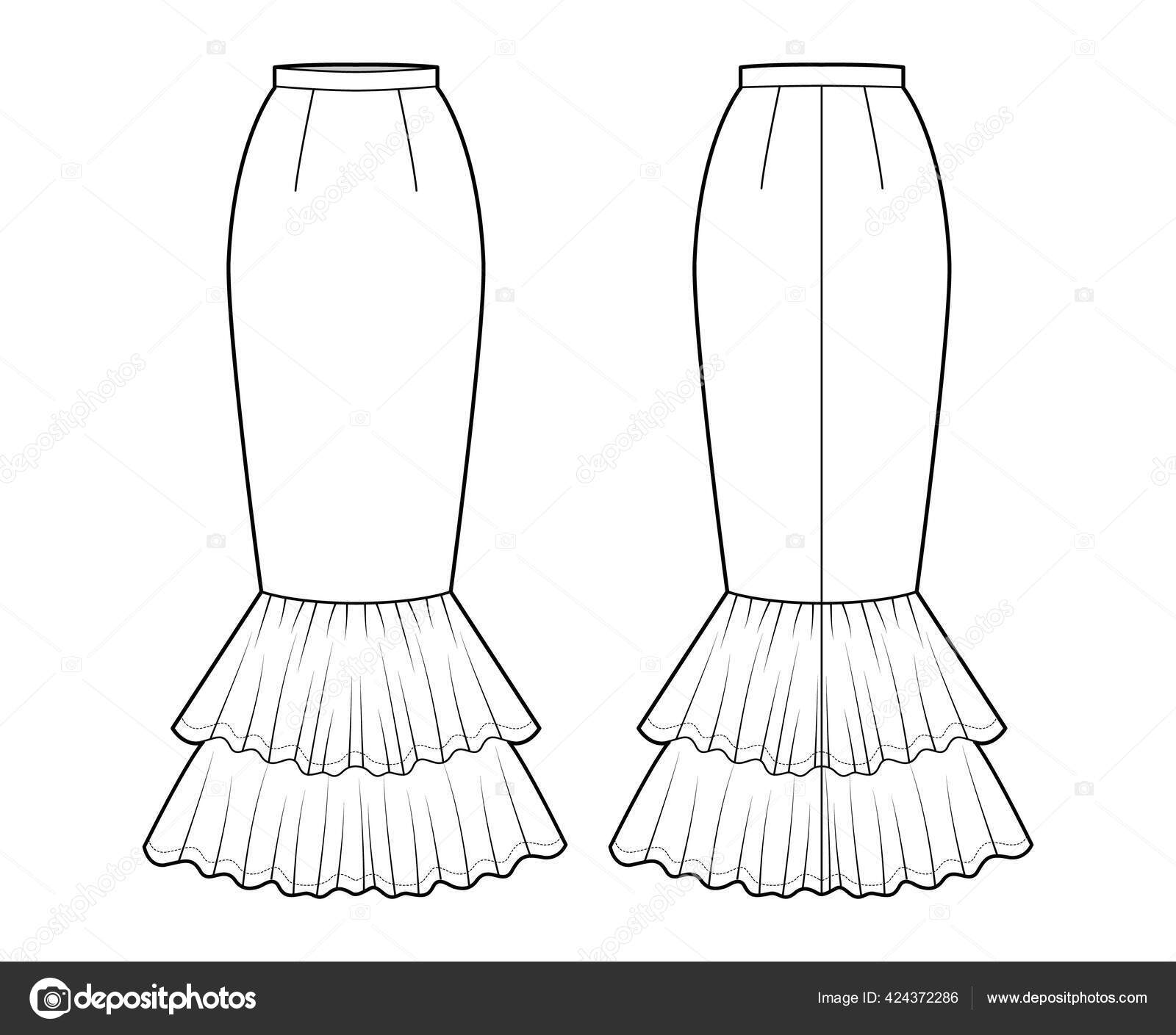 Skirt mermaid fishtail maxi technical fashion illustration with