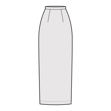 Etek, maksimum kalem dolgunluğu, silüet, sırt yarığı ve ayak bileği uzunluklarıyla teknik moda illüstrasyonu. Düz taban