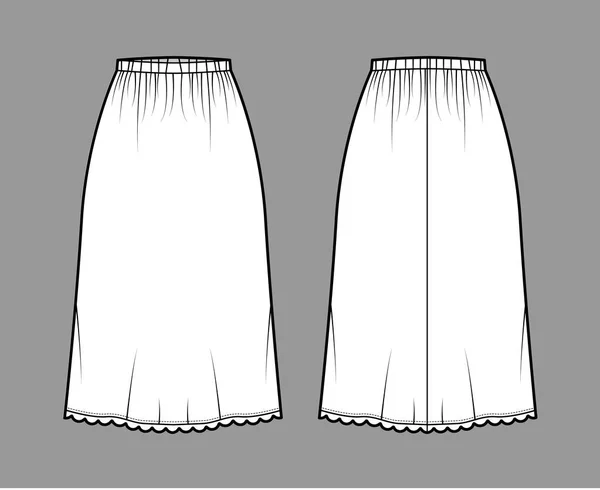 Kjol slip dirndl teknisk mode illustration med nedanför knä silhuett, A-linje fullhet, scalloped kant botten — Stock vektor