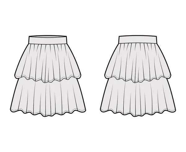 Spódnica warstwowe founce technicznej ilustracji mody z kolana długości sylwetka, okrągła pełnia. Płaskie dno — Wektor stockowy
