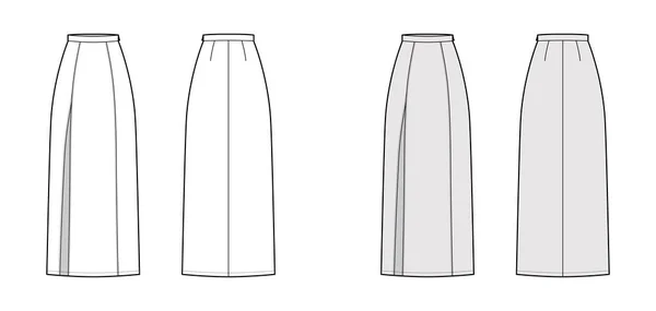 短裙开槽maxi技术时尚插画与地板脚踝长度轮廓，铅笔丰满平底模板 — 图库矢量图片