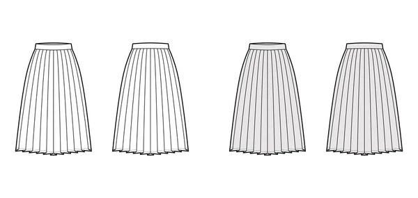 Skirt side knife pleat technical fashion illustration with below-the-knee silhouette, circular fullness, thick waistband - Stok Vektor