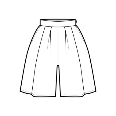 Mini boy, büyük boy siluet, kalın bel, yan fermuarlı mini etek külot teknik moda illüstrasyon