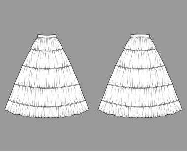 Elbise için etek, maksimum zemin uzunluğunda siluet dairesel doluluk iç çamaşırlı teknik moda illüstrasyonu
