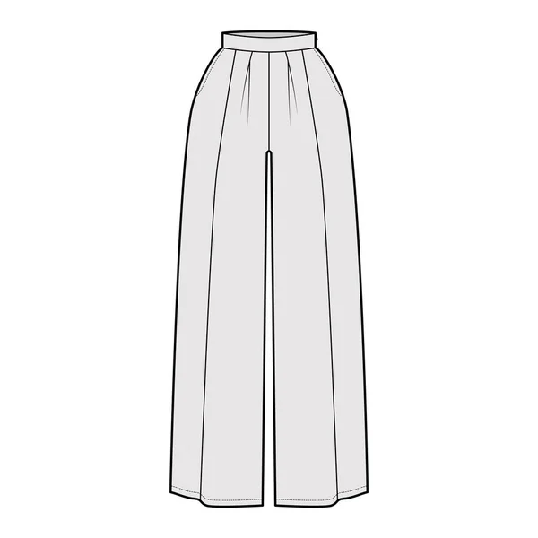 Hosenrock culotte gaucho technische Modeillustration mit knöchellanger bodenlanger, übergroßer Silhouette, seitlichem Reißverschluss Flach — Stockvektor