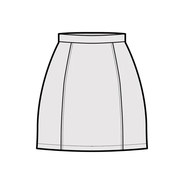Skirt six gore mini pencil fullness technical fashion illustration with fitted silhouette, thin waistband. Flat bottom — Stock Vector