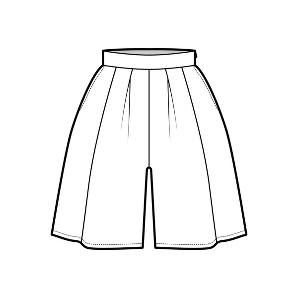 Falda pantalones cortos culotte técnica moda ilustración con mini longitud, silueta de gran tamaño, cintura gruesa, cremallera lateral — Vector de stock