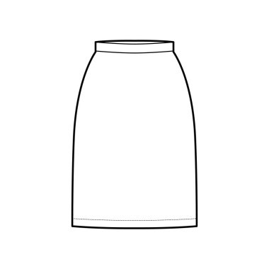 Etek kılıfı teknik tasviri, düz diz silueti, kalem dolgunluğu, ince bel. Düz taban