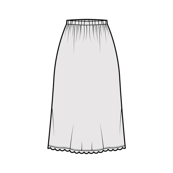 Skirt slip dirndl technical fashion illustration with below-the-knee silhouette, A-line fullness, scalloped edge bottom — Stock Vector