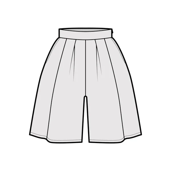 Shorts kjol culotte teknisk mode illustration med mini längd, oversize silhuett, tjock linning, sida blixtlås — Stock vektor