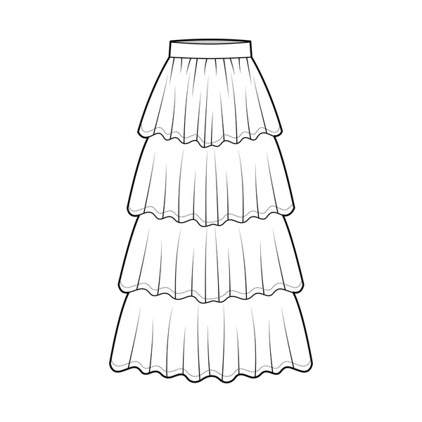 Spódnica 4 warstwy flounce maxi ilustracja moda techniczna z podłogi długości kostki sylwetka, okrągła pełnia. Mieszkanie — Wektor stockowy
