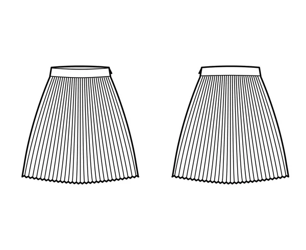 Skirt sunray pleat technical fashion illustration with under-the-knee length silhouette, circular fullness. Flat bottom — Stock Vector