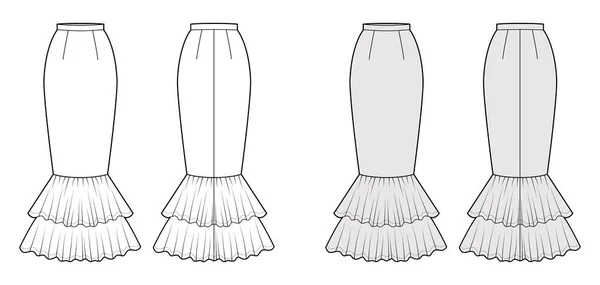 Spódnica syrenka fishtail maxi techniczne moda ilustracja z podłogi kostki długości sylwetka, ołówek pełnia dno — Wektor stockowy