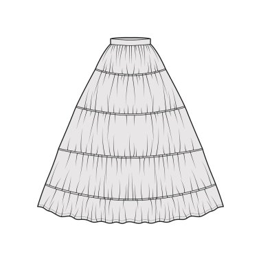 Elbise için etek, maksimum zemin uzunluğunda siluet dairesel doluluk iç çamaşırlı teknik moda illüstrasyonu