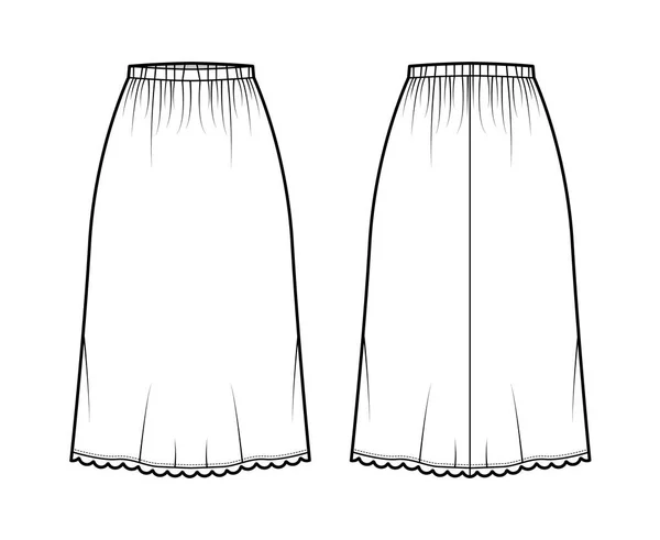 Kjol slip dirndl teknisk mode illustration med nedanför knä silhuett, A-linje fullhet, scalloped kant botten — Stock vektor