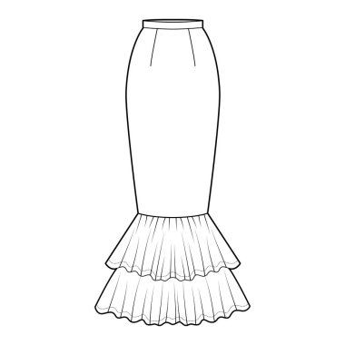 Etekli deniz kızı maksimum teknik moda illüstrasyonu. Ayak bileği uzunluğu silueti, kalem dolgunluğu, kıçı.
