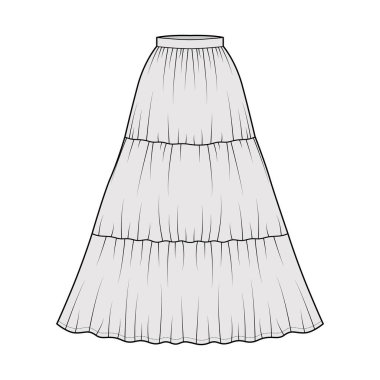 Etekli çingene eteği, maksimum zemin uzunluğundaki silueti, dairesel dolgunluğu olan teknik moda illüstrasyonu. Düz taban 