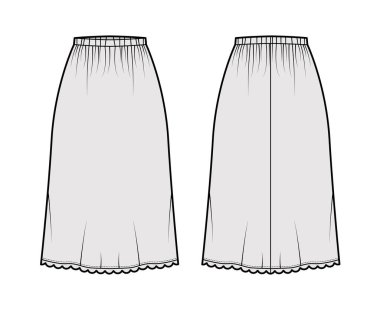 Etek kaydırma dirseği, diz altı silueti, A çizgisi dolgunluğu, istiridyeli alt kenarı olan teknik moda illüstrasyonu