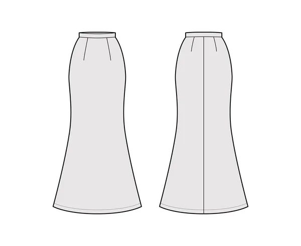 Kjol trumpet maxi teknisk mode illustration med golv ankel längder silhuett, penna fullhet botten mall — Stock vektor