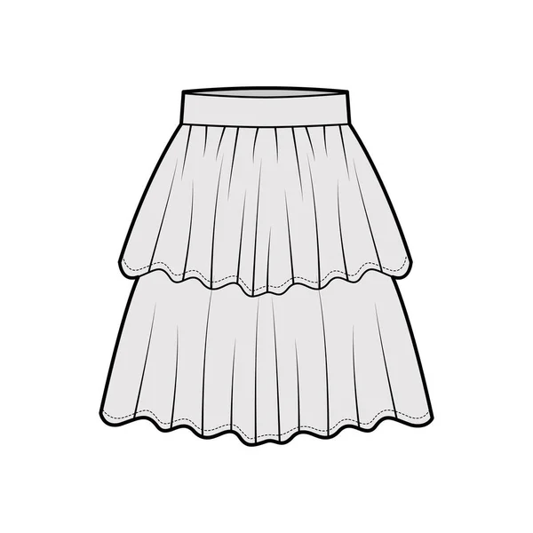 Юбка многослойная фланцевая техническая модная иллюстрация с силуэтом длиной колена, круглой полнотой. Плоское дно — стоковый вектор