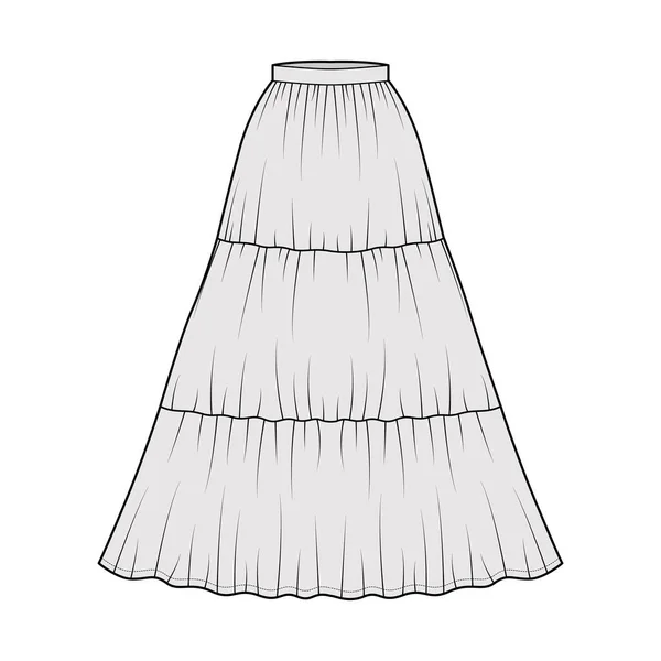 Kjol zigenare dirndl teknisk mode illustration med maxi golvlängd siluett, cirkulär fullhet. Platt botten — Stock vektor