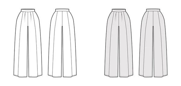 Παντελόνι φούστα culotte gaucho τεχνική εικόνα μόδας με μήκος δαπέδου αστράγαλο, υπερμεγέθης σιλουέτα, φερμουάρ πλευρά επίπεδη — Διανυσματικό Αρχείο