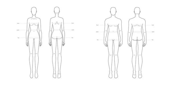 Homme et femme parties du corps standard mesures terminologiques Illustration pour la mode de production de vêtements et accessoires — Image vectorielle