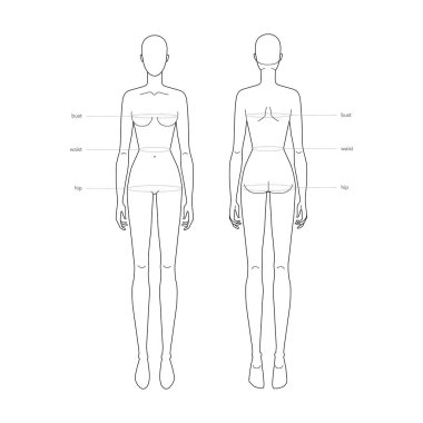 Kadınlar standart vücut parçaları terminoloji ölçümleri giysi ve aksesuarlar için illüstrasyon moda kadını boyutu