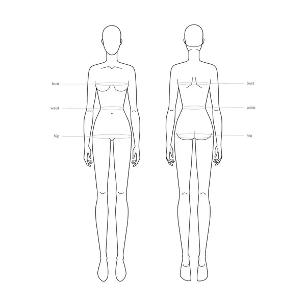 Női szabványos testrészek terminológiai mérések Illusztráció ruhák és kiegészítők gyártása divat hölgy mérete — Stock Vector