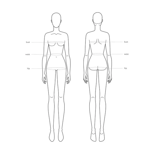 Kadınlar standart vücut parçaları terminoloji ölçümleri giysi ve aksesuarlar için illüstrasyon moda kadını boyutu