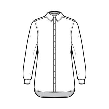 Uzun kollu klasik gömlek, rahat forma, ön düğme takan normal yaka giysisi.