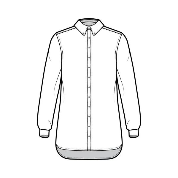 Ilustración de moda técnica de camisa clásica con mangas largas, ajuste relajante, prendas de vestir de cuello regular con cierre de botón delantero — Vector de stock