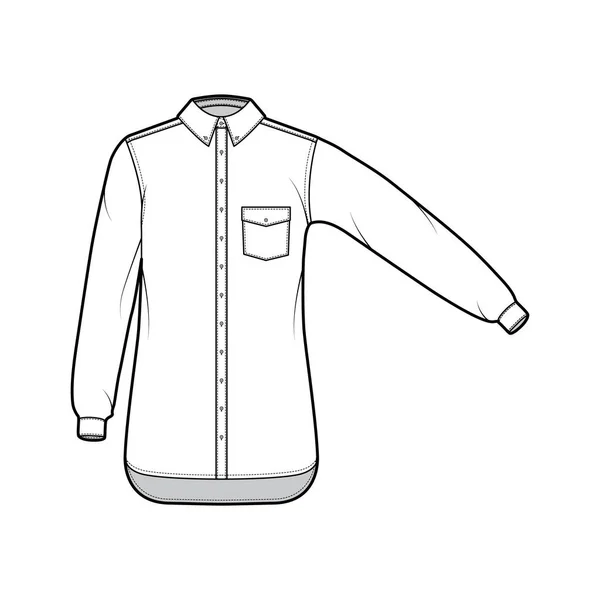 Chemise classique illustration de mode technique avec poche inclinée, manches longues droites, coupe relax fermeture par bouton avant — Image vectorielle