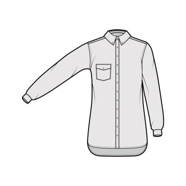 Açılı cepli, düz uzun kollu klasik gömlek, teknik moda illüstrasyonuName