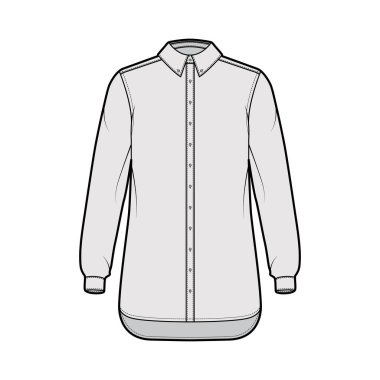 Uzun kollu klasik gömlek, rahat forma, ön düğme takan normal yaka giysisi.