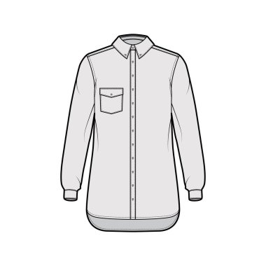 Klasik gömlek, açılı cepli, uzun kollu, rahat formda, ön düğme takan moda tasviri.
