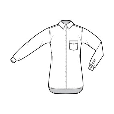 Açılı cebi, dirsek kıvrımlı, düz uzun kollu, büyük boyutlu, düğmeli teknik tasvirler.