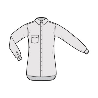 Açılı cebi, dirsek kıvrımlı, düz uzun kollu, büyük boyutlu, düğmeli teknik tasvirler.