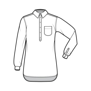 Yuvarlak cepli, dirsek kıvrımlı uzun kollu, büyük boy yarım plaket düğmeli tişört teknikleri.