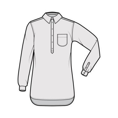 Yuvarlak cepli, dirsek kıvrımlı uzun kollu, büyük boy yarım plaket düğmeli tişört teknikleri.