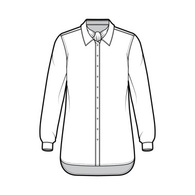 Gömlek kravat çizgisi fiyonklu teknik tasvir, uzun kollu manşetli, büyük beden, düğmeli, yakalı.