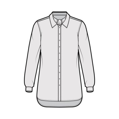 Gömlek kravat çizgisi fiyonklu teknik tasvir, uzun kollu manşetli, büyük beden, düğmeli, yakalı.