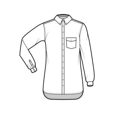 Klasik gömlek tekniği, cebi açılı, dirsek kıvrımlı, uzun kollu, rahat, düğmeli, normal yakalı.