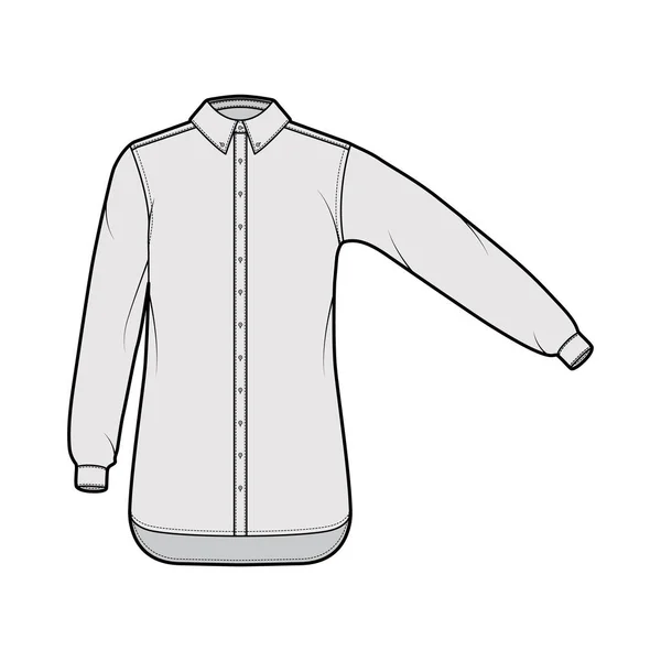 Класична сорочка технічна модна ілюстрація з прямими довгими рукавами з мантією, розслабляючою підгодівлею, гудзиками, звичайним коміром — стоковий вектор