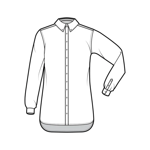 Класична сорочка технічної моди ілюстрація з ліктем згинається довгим рукавом, розслабляється підгонка, кріплення гудзиків, звичайний комір — стоковий вектор