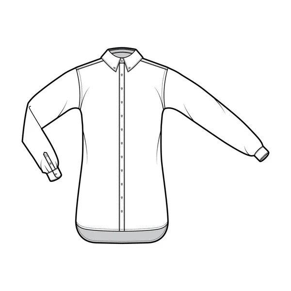 Camisa botón abajo ilustración técnica de la manera con el pliegue del codo, mangas largas rectas con puño, sobredimensionado, cuello — Vector de stock